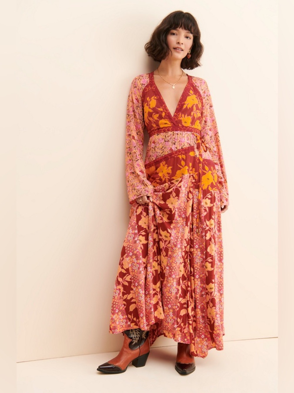 Free People Tilda Red & Orange Floral Faux Wrap Maxi Dress NWT
